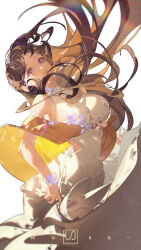 Rule 34 | 1girl, absurdres, artist name, bare arms, bare shoulders, breasts, brown hair, brown shawl, check copyright, closed mouth, commentary, copyright request, curly hair, dress, eyelashes, feet out of frame, floating hair, flower, halter dress, halterneck, head tilt, highres, large breasts, leaning back, long dress, long hair, looking at viewer, original, pink lips, purple eyes, purple flower, shawl, side slit, sideboob, simple background, skirt hold, smile, solo, two-sided fabric, two-sided shawl, very long hair, watermark, white background, white dress, wrist flower, wusu (owusuo), yellow shawl
