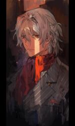 Rule 34 | 1boy, antonio salieri (fate), antonio salieri (second ascension) (fate), ascot, black border, border, closed mouth, crack of light, fate/grand order, fate (series), grey hair, grey jacket, hair between eyes, hair intakes, half updo, jacket, lapels, looking at viewer, male focus, medium hair, notched lapels, pillarboxed, pinstripe jacket, pinstripe pattern, pocket square, red ascot, red eyes, sideways glance, solo, starshadowmagician, upper body, v-shaped eyebrows