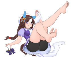 Rule 34 | 1girl, absurdres, animal ears, ass, barefoot, bike shorts, black shorts, bow, braid, breasts, brown hair, commentary request, ear covers, ear ornament, feet, feet up, foot focus, highres, hokko tarumae (umamusume), horse ears, horse girl, horse tail, large breasts, low twin braids, mintia1911, multicolored hair, puffy short sleeves, puffy sleeves, purple bow, purple eyes, purple shirt, school uniform, shirt, short sleeves, shorts, simple background, skirt, smile, soles, solo, streaked hair, stuffed toy, summer uniform, tail, toes, tomachop, twin braids, umamusume, unworn thighhighs, white background, white hair