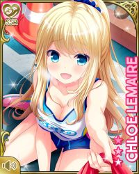 Rule 34 | 1girl, arm up, blonde hair, blue eyes, blush, breasts, card (medium), character name, chloe lemaire, cleavage, downblouse, from above, girlfriend (kari), gym uniform, heavy breathing, large breasts, long hair, looking up, official art, open mouth, outstretched arm, ponytail, qp:flapper, shoes, short shorts, shorts, sitting, smile, sneakers, solo, sweat, track and field, very long hair, vest