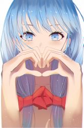 Rule 34 | 1girl, alternate hairstyle, blue eyes, blue hair, bow, chinese commentary, close-up, hair bow, hatsune miku, heart, heart hands, highres, jijing zishui, light blush, looking at viewer, red bow, solo, vocaloid