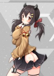 Rule 34 | 1girl, animal ears, ass, azur lane, black hair, breasts, brown eyes, cardigan, cowboy shot, finger in own mouth, from above, hair ornament, hair ribbon, hairclip, highres, large breasts, long sleeves, looking at viewer, low twintails, miniskirt, mochiyuki, nagara (azur lane), red ribbon, ribbon, skirt, solo, twintails