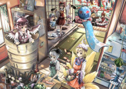 Rule 34 | 6+girls, absurdres, apron, armband, ascot, bird wings, blonde hair, blue eyes, blue hair, blush, bottle, bowl, brooch, brown hair, bucket, cabbage, calendar, calendar (object), carrot, cherry blossoms, chopsticks, cirno, cleaver, cooking, crescent, cup, cutting board, daikon, daiyousei, detached sleeves, drunk, eating, closed eyes, fairy wings, food, fox tail, fruit, hakurei reimu, hand on own face, hat, hat with ears, high heels, highres, in bucket, in container, indoors, instrument, japanese clothes, jewelry, keyboard (instrument), kimono, konpaku youmu, light purple hair, long sleeves, looking at another, looking up, lunasa prismriver, lyrica prismriver, meat, merlin prismriver, miko, multiple girls, multiple tails, mystia lorelei, on table, open mouth, photo (object), pink eyes, pink hair, plate, qianqian, radish, refrigerator, remilia scarlet, saigyouji yuyuko, shaded face, shoes, skeleton, skirt, smile, star (symbol), stuffed animal, stuffed toy, table, tail, tatami, teeth, touhou, triangular headpiece, trumpet, veranda, vest, violin, walking, watermelon, white hair, wind chime, window, wings, yakumo ran, yellow eyes