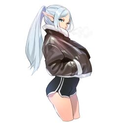 Rule 34 | 1girl, absurdres, alternate costume, alternate hairstyle, blue hair, breath, casual, cowboy shot, frieren, from side, hands in pockets, highres, jacket, leather, leather jacket, long sleeves, looking at viewer, pointy ears, ponytail, popped collar, short shorts, shorts, solo, sousou no frieren, white background, y frt