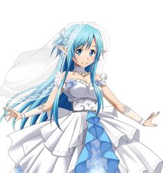 Rule 34 | 1girl, asuna (sao-alo), bare shoulders, blue eyes, blue hair, breasts, bridal veil, choker, cleavage, detached sleeves, dress, earrings, floating hair, jewelry, looking at viewer, medium breasts, pointy ears, purple eyes, sleeveless, sleeveless dress, smile, solo, standing, sword art online, transparent background, veil, white dress
