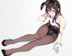 Rule 34 | 1girl, alternate costume, animal ears, arm up, bare shoulders, black hair, black leotard, blurry, bow, breasts, brown pantyhose, cleavage, closed mouth, collarbone, commentary request, covered navel, depth of field, detached collar, fake animal ears, full body, glasses, green eyes, hair between eyes, hairband, hand on own face, high heels, kantai collection, legs, leotard, long hair, looking at viewer, medium breasts, neckerchief, ooyodo (kancolle), pantyhose, playboy bunny, rabbit ears, rabbit tail, side-tie leotard, simple background, solo, strapless, strapless leotard, tail, thighs, wrist cuffs, yuuji (and)