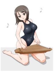 Rule 34 | 1girl, barefoot, black one-piece swimsuit, breasts, brown eyes, brown hair, commentary, covered navel, eighth note, girls und panzer, head tilt, highres, holding, holding instrument, instrument, kantele, long hair, looking at viewer, medium breasts, mika (girls und panzer), music, musical note, no headwear, one-piece swimsuit, open mouth, playing instrument, sitting, sixteenth note, smile, solo, swimsuit, wariza, yass hero
