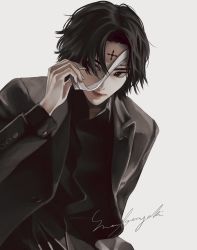 Rule 34 | 1boy, absurdres, black eyes, black hair, black shirt, black suit, bright pupils, chrollo lucilfer, collared shirt, expressionless, forehead tattoo, formal, headband, headband pull, highres, hunter x hunter, looking to the side, male focus, official alternate costume, parted bangs, shirt, short hair, snowberryaki, solo, suit, upper body, white background, white headband