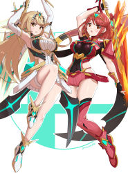 Rule 34 | 2girls, absurdres, blonde hair, breasts, cleavage, cleavage cutout, clothing cutout, gloves, gonzarez, highres, large breasts, long hair, multiple girls, mythra (xenoblade), nintendo, pyra (xenoblade), red eyes, red hair, short hair, shorts, super smash bros., sword, weapon, xenoblade chronicles (series), xenoblade chronicles 2