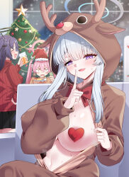 Rule 34 | 3girls, absurdres, animal costume, animal hood, antlers, blue archive, blush, breasts, christmas, christmas ornaments, christmas tree, commentary, cup, english commentary, fang, food, grey hair, halo, hat, heart pasties, highres, holding, holding cup, holding spoon, hood, hood up, horns, index finger raised, indoors, koyuki (blue archive), large breasts, long hair, long sleeves, mechanical halo, multiple girls, noa (blue archive), open mouth, pasties, pink eyes, pink hair, pink halo, pudding, puffy long sleeves, puffy sleeves, purple eyes, purple hair, rayno, red headwear, red sweater, reindeer antlers, reindeer costume, ribbed sweater, santa hat, smile, spoon, sweater, twintails, two side up, yuuka (blue archive)