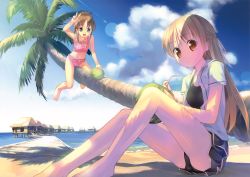 Rule 34 | 2girls, :d, bare legs, bare shoulders, barefoot, beach, bikini, blue sky, brown eyes, brown hair, cloud, contrail, day, drinking straw, flat chest, food, frilled one-piece swimsuit, frilled swimsuit, frills, fruit, fruit cup, highres, lens flare, long hair, looking at viewer, multiple girls, non-web source, one-piece swimsuit, open clothes, open mouth, open shirt, original, outdoors, pleated skirt, ponytail, shade, shirt, sitting, skirt, sky, smile, swimsuit, swimsuit under clothes, takoyaki (roast), tree, v, water, watermelon