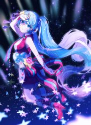 Rule 34 | 1girl, absurdres, bare shoulders, blue eyes, blue hair, feet up, floating, floating hair, from side, full body, future eve (vocaloid), gloves, gradient hair, hand on own head, haruta (user dndp3458), hatsune miku, headset, high heels, highres, legs apart, light rays, long bangs, long hair, looking at viewer, multicolored hair, open hands, parted lips, purple hair, red footwear, red gloves, red shirt, shading eyes, shirt, sidelocks, sleeveless, sleeveless shirt, solo, space, star (sky), star (symbol), thighs, twintails, very long hair, vocaloid
