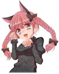Rule 34 | 1girl, animal ears, bad id, bad pixiv id, braid, cat ears, cat girl, cream (nipakupa), extra ears, fang, female focus, kaenbyou rin, open mouth, paw pose, red eyes, red hair, simple background, smile, solo, touhou, twin braids, white background