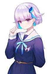 Rule 34 | 1girl, belt, belt buckle, blue bow, blue hair, blue serafuku, blue shirt, blue skirt, bow, breasts, brown belt, buckle, closed mouth, commentary request, hair ornament, hand up, lize helesta, long sleeves, looking at viewer, multicolored hair, nijisanji, pleated skirt, sailor collar, school uniform, serafuku, shirt, short hair, silver hair, simple background, skirt, sleeves past wrists, small breasts, smile, solo, two-tone hair, usuke (u skeeep), virtual youtuber, white background, white sailor collar