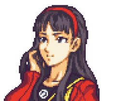 Rule 34 | 1girl, amagi yukiko, black eyes, black hair, commentary, english commentary, fire emblem, glaceo, hairband, hand in own hair, looking up, lowres, nintendo, parody, persona, persona 4, pixel art, portrait, red hairband, school uniform, solo, style parody, transparent background, white background