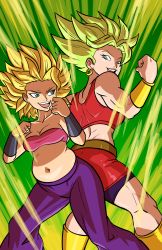 Rule 34 | 10s, 2girls, absurdres, aqua eyes, ass-to-ass, aura, axel-rosered, back, back-to-back, baggy pants, bandeau, bare arms, bare shoulders, belly, belt, biceps, big hair, bike shorts, black shorts, blonde hair, blouse, bracer, breasts, brown belt, caulifla, cleavage, clenched hands, collarbone, cowboy shot, crop top, dragon ball, dragon ball super, ear piercing, earrings, explosion, eyebrows, eyelashes, fat rolls, fighting stance, floating hair, from behind, height difference, highres, impossible clothes, jewelry, kale (dragon ball), legs apart, lips, looking at another, love handles, medium breasts, midriff, miniskirt, muffin top, multiple girls, muscular, muscular female, narrow waist, navel, open mouth, pants, piercing, pink bandeau, plump, power-up, purple pants, red shirt, red skirt, saiyan, shin guards, shiny clothes, shiny skin, shirt, shorts, shorts under skirt, simple background, size difference, skindentation, skirt, smile, spiked hair, standing, stomach, strapless, super saiyan, super saiyan 2, teacher, teacher and student, teeth, thick thighs, thighs, toned, tongue, tube top, vambraces