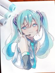 Rule 34 | 1girl, aqua eyes, aqua hair, aqua necktie, art tools in frame, bare shoulders, black sleeves, breasts, closed mouth, collared shirt, cropped torso, detached sleeves, dot nose, grey shirt, hair between eyes, hatsune miku, headset, highres, light blush, light smile, long hair, looking at viewer, marker (medium), medium breasts, necktie, pato (ptro), photo (medium), shirt, sidelocks, simple background, sleeveless, sleeveless shirt, solo, traditional media, tsurime, twintails, upper body, v arms, very long hair, vocaloid, white background