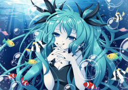 Rule 34 | 1girl, air bubble, aqua hair, bad id, bad pixiv id, black dress, black nails, blue eyes, breasts, bubble, cleavage, die ying, dress, eyes visible through hair, fish, hair ribbon, hatsune miku, interlocked fingers, light, nail polish, own hands clasped, own hands together, ribbon, shinkai shoujo (vocaloid), small breasts, solo, twintails, underwater, upper body, vocaloid