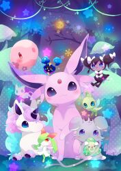 Rule 34 | 1other, 6+others, absurdres, alternate color, animal, animal ear fluff, animal focus, blue eyes, blue hair, blush, bow, bright pupils, celebi, closed mouth, colored skin, cosmog, creatures (company), double bun, dress, duosion, espeon, espurr, flat chest, forehead jewel, forest, forked tail, full body, galarian form, galarian ponyta, game freak, gem, gen 1 pokemon, gen 2 pokemon, gen 3 pokemon, gen 5 pokemon, gen 6 pokemon, gen 7 pokemon, gen 8 pokemon, gothorita, green hair, green skin, hair bun, hair over one eye, hat, highres, horns, horse, kirlia, leaf, legendary pokemon, looking at another, looking at viewer, looking to the side, lunatone, medium hair, mew (pokemon), multicolored hair, multicolored skin, multiple others, munna, mushroom, mythical pokemon, nature, nintendo, no humans, open mouth, outdoors, plant, pokemon, pokemon (creature), ponyta, purple eyes, purple hair, red eyes, red gemstone, short hair, sidelocks, single horn, sitting, smile, solid oval eyes, standing, star (symbol), tail, tree, two-tone hair, two-tone skin, two side up, ushiina, white bow, white skin, yellow eyes