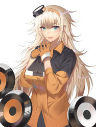 Rule 34 | 1girl, absurdres, aqua eyes, blonde hair, blush, breasts, girls&#039; frontline, gloves, hair ornament, henz, highres, holding hands, large breasts, long hair, looking at viewer, multicolored shirt, open mouth, orange gloves, s.a.t.8 (girls&#039; frontline), shield module, shirt, solo, white background