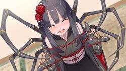 Rule 34 | 1girl, arthropod girl, arthropod limbs, artist request, bare shoulders, black hair, black kimono, blunt bangs, carapace, cat&#039;s cradle, closed eyes, detached sleeves, extra ears, flower, game cg, hair flower, hair ornament, insect girl, japanese clothes, kimono, komachi (monster musume), long hair, looking at viewer, monster musume no iru nichijou, monster musume no iru nichijou online, obi, official art, open mouth, red flower, sash, solo, spider girl, teeth, upper teeth only, wide sleeves