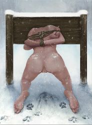 Rule 34 | 1girl, animated, animated gif, anus, ass, bdsm, bestiality, black hair, bondage, bound, breasts, death, frozen, icicle, ikelag, implied bestiality, nude, outdoors, paw print, peril, pillory, pussy, pussy juice, restrained, rope, small breasts, snow, snowing, solo, stuck, tagme