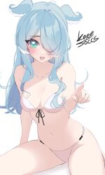 Rule 34 | 1girl, absurdres, alternate breast size, artist name, blue eyes, blue hair, blue wings, blush, bra, breasts, elira pendora, fang, front-tie bra, hair over one eye, head wings, heart, heart in eye, highres, kneesoccs, long hair, looking at viewer, medium breasts, navel, nijisanji, nijisanji en, one eye covered, open mouth, panties, pink bra, pointing, pointing at viewer, simple background, sitting, skin fang, smile, solo, stomach, string panties, symbol in eye, underwear, underwear only, virtual youtuber, white background, wings