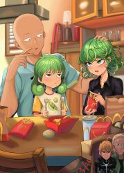 Rule 34 | 1boy, 2girls, :t, absurdres, blush, eating, family, father and daughter, food, french fries, green eyes, green hair, hand on another&#039;s head, headpat, highres, if they mated, mcdonald&#039;s, mother and daughter, multiple girls, one-punch man, petite, rkrk12, saitama (one-punch man), short hair, tatsumaki