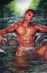 Rule 34 | 1boy, abs, absurdres, boxers, brown hair, eyebrows, facial hair, headband, highres, lips, male focus, male underwear, manly, muscular, navel, nose, oskar vega, partially submerged, realistic, reclining, ryu (street fighter), short hair, solo, street fighter, stubble, thick eyebrows, underwear, underwear only, wet