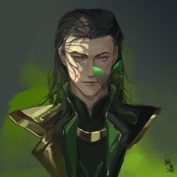 Rule 34 | 1boy, black hair, blue eyes, bug, butterfly, butterfly on face, chinese commentary, commentary, cropped torso, forehead, green background, green butterfly, green shirt, hair behind ear, high collar, highres, insect, loki (marvel), long hair, looking at viewer, male focus, marvel, shirt, signature, smile, solo, straight-on, upper body, zheshanshan