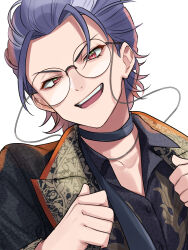 Rule 34 | 1boy, choker, collared shirt, double thumbs up, eyewear strap, glasses, highres, hypnosis mic, jacket, jewelry, kishinaito, looking at viewer, male focus, necklace, open mouth, pointing, pointing at self, purple hair, red eyes, round eyewear, shirt, short hair, smile, solo, thumbs up, tsutsujimori rosho, upper body, v-shaped eyebrows