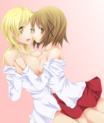 Rule 34 | 2girls, asymmetrical docking, bare shoulders, blonde hair, blush, borijoikun, breast press, breasts, brown eyes, brown hair, couple, gradient background, hair ornament, hairclip, hidamari sketch, holding hands, interlocked fingers, miyako (hidamari sketch), multiple girls, open clothes, open mouth, open shirt, own hands together, pink background, school uniform, shirt, short hair, skirt, smile, symmetrical docking, yellow eyes, yuno (hidamari sketch), yuri