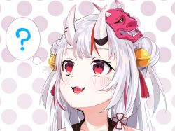 1girl, ?, bell, blush, commentary, double bun, face, fang, flower knot, hair bell, hair ornament, highres, hololive, horns, kounaien (comic1217), long hair, looking up, mask, mask on head, multicolored hair, nakiri ayame, oni horns, oni mask, open mouth, polka dot, polka dot background, red eyes, red hair, silver hair, simple background, smile, solo, streaked hair, tassel, thought bubble, two-tone hair, virtual youtuber, white background