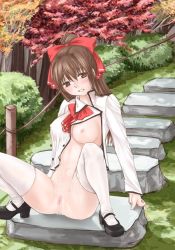 Rule 34 | 1girl, bad id, bad pixiv id, blush, bra, breasts, brown eyes, brown hair, censored, cum, covered erect nipples, kanda aya, lingerie, long hair, medium breasts, nature, nipples, no bra, no panties, one breast out, open clothes, open shirt, original, outdoors, pussy, pussy juice, ribbon, shirt, shoes, solo, spread legs, thighhighs, underwear