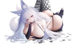 Rule 34 | 1girl, an yasuri, animal ear fluff, ass, azur lane, backless leotard, bare shoulders, black panties, blush, breasts, bridal gauntlets, cleavage, condom, condom wrapper, elbow gloves, flag, fox girl, fox tail, gloves, hand on own face, head rest, highres, huge ass, huge breasts, kitsune, leotard, long hair, looking at viewer, lying, miniskirt, official alternate costume, on stomach, panties, partially undressed, race queen, shinano (azur lane), shinano (moonlit chrome) (azur lane), skirt, smile, solo, spaghetti strap, tail, thighhighs, thong, thong leotard, underwear, very long hair, white hair