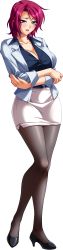 Rule 34 | 1girl, :o, absurdres, bishop (company), black shirt, breasts, brown pantyhose, cleavage, contrapposto, female focus, full body, high heels, highres, jacket, kagami hirotaka, large breasts, looking at viewer, mesu kyoushi 4, miniskirt, mole, mole under mouth, pantyhose, pencil skirt, purple eyes, purple hair, shirt, short hair, short sleeves, skirt, solo, yoshioka maki