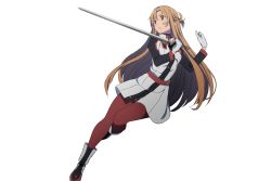 Rule 34 | 10s, 1girl, adachi shingo, alternate costume, asuna (sao), brown eyes, brown hair, full body, gloves, highres, holding, holding sword, holding weapon, long hair, red legwear, solo, sword, sword art online, sword art online the movie: ordinal scale, transparent background, weapon, white gloves