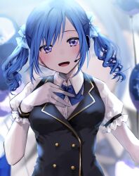 Rule 34 | 1girl, black vest, blue bow, blue bowtie, blue hair, blurry, blurry background, blush, bow, bowtie, breasts, chigusa minori, collared shirt, commentary request, dress shirt, earpiece, gloves, hair bow, hand on own chest, head tilt, highres, large breasts, medium hair, open mouth, original, puffy short sleeves, puffy sleeves, purple eyes, shirt, short sleeves, sidelocks, solo, twintails, upper body, vest, white gloves, white shirt