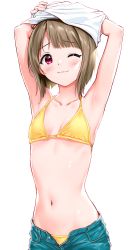 Rule 34 | 1girl, absurdres, armpits, arms up, bikini, blue pants, blush, breasts, brown hair, closed mouth, collarbone, commentary request, denim, highres, jeans, looking at viewer, love live!, love live! nijigasaki high school idol club, nakasu kasumi, navel, one eye closed, open fly, pants, red eyes, sankuro (agoitei), short hair, simple background, small breasts, solo, swimsuit, undressing, white background, yellow bikini