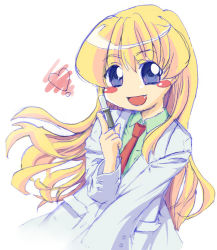 Rule 34 | 00s, 1girl, :d, blonde hair, blue eyes, blush stickers, chikuwan, heart, index finger raised, lab coat, long hair, long sleeves, looking at viewer, necktie, open mouth, pani poni dash!, rebecca miyamoto, red necktie, smile, solo, very long hair