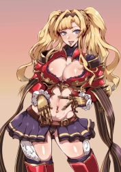 Rule 34 | 1girl, :d, absurdres, armor, blonde hair, blue eyes, braid, breasts, cameltoe, cleavage, gauntlets, gggg, gradient background, granblue fantasy, greaves, hairband, highres, large breasts, long hair, looking at viewer, midriff, navel, navel piercing, open mouth, piercing, pleated skirt, skirt, smile, solo, standing, thighhighs, tongue, tongue out, tongue piercing, twintails, zeta (granblue fantasy)