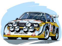 Rule 34 | antony (3), artist name, audi, audi quattro, car, dated, highres, michelin, motor vehicle, no humans, race vehicle, racecar, rally car, spoiler (automobile), vehicle focus, world rally championship