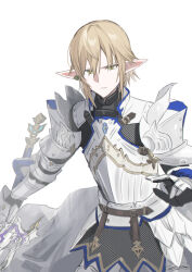 Rule 34 | 1boy, armor, blonde hair, breastplate, chainmail, chihuri, final fantasy, final fantasy xiv, gauntlets, green eyes, hair between eyes, highres, holding, holding sword, holding weapon, looking at viewer, male focus, parted lips, pauldrons, pointy ears, shoulder armor, simple background, solo, sword, weapon, white background, zephirin de valhourdin