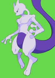 Rule 34 | collarbone, commentary, creatures (company), from side, game freak, gen 1 pokemon, gogot, green background, highres, legendary pokemon, looking down, mewtwo, nintendo, no humans, pokemon, pokemon (creature), purple eyes, simple background, solo, toes