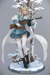 Rule 34 | 1girl, ankle boots, belt, blonde hair, blue eyes, boots, breasts, cape, character name, drum magazine, full body, girls&#039; frontline, gloves, gun, hair ornament, hairband, highres, holding, holding weapon, kim han seul, long hair, looking at viewer, magazine (weapon), md5 mismatch, medium breasts, pinup (style), shoes, snow, snowflake hair ornament, solo, submachine gun, suomi (girls&#039; frontline), suomi kp/-31, thighhighs, weapon, white gloves, white thighhighs, zettai ryouiki