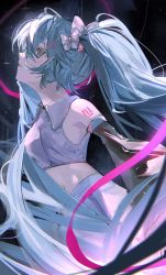 Rule 34 | 1girl, absurdres, aqua eyes, aqua hair, bare shoulders, black sleeves, body writing, bow, collared shirt, commentary request, cowboy shot, crop top, detached sleeves, frilled shirt collar, frills, from side, grey shirt, hair bow, hatsune miku, highres, long hair, midriff, pants, parted lips, profile, shirt, solo, sushineko8, twintails, very long hair, vocaloid, white bow, white pants
