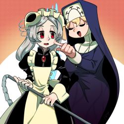 Rule 34 | 184nx, 1koma, 2girls, blonde hair, bloody marie (skullgirls), brooch, comic, cross, cross necklace, dotted background, double (skullgirls), dress, exposed bone, closed eyes, fire, grey hair, habit, hair ornament, jewelry, multiple girls, necklace, nun, open mouth, orange background, patting, red eyes, ribs, skull hair ornament, skullgirls, twintails, vacuum cleaner, white background