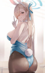 Rule 34 | 1girl, animal ears, ass, asuna (blue archive), asuna (bunny) (blue archive), bare shoulders, blonde hair, blue archive, blue eyes, blue leotard, blush, commentary request, fake animal ears, fake tail, from behind, gloves, hair over one eye, hairband, halo, hand up, highres, leotard, looking at viewer, looking back, one eye covered, pantyhose, parted lips, playboy bunny, rabbit ears, rabbit tail, sea nami, signature, smile, tail, v, white gloves, white hairband