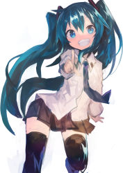 Rule 34 | 1girl, absurdres, aqua hair, arm at side, black skirt, blue eyes, grin, hair between eyes, hair ornament, hatsune miku, highres, kaamin (mariarose753), long hair, long sleeves, necktie, pleated skirt, pointing, pointing at viewer, shirt, skirt, smile, solo, standing, standing on one leg, thighhighs, twintails, very long hair, vocaloid, white background, white shirt, wing collar