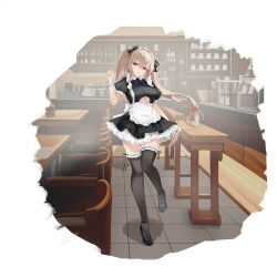 Rule 34 | 1girl, absurdres, alternate costume, anchorage (azur lane), apron, azur lane, black bow, black dress, black footwear, black thighhighs, bow, breasts, cafe, clothing cutout, coffee maker, dress, frilled apron, frilled dress, frills, full body, hair bow, highres, indoors, large breasts, layered sleeves, light brown hair, long hair, looking at viewer, puffy short sleeves, puffy sleeves, purple bow, purple eyes, shoes, short sleeves, solo, standing, standing on one leg, suo bu ye feng, thighhighs, tile floor, tiles, twintails, two-tone dress, underboob, underboob cutout, very long hair, waitress, white apron, white dress, zettai ryouiki